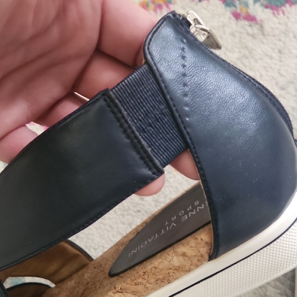 Adrienne Vittadini Navy Cork Wedge Sandals with Back Zip - Picture 5 of 7